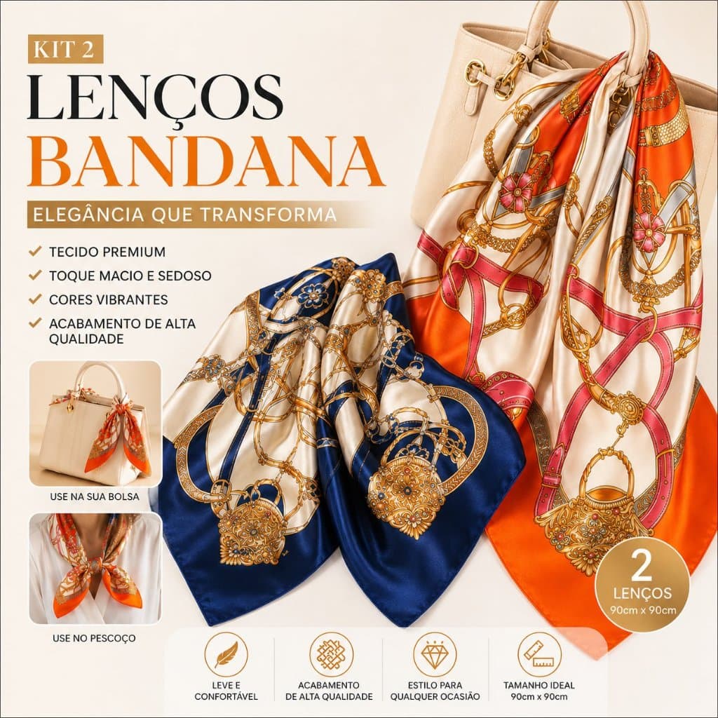 2 Lenços 90x90 Cetim Feminino Elegante Estampado Moda Luxo