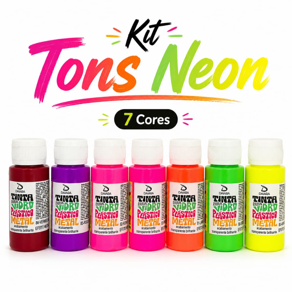Kit Tinta Vitro Vidro Tons Neon Daiara 7 Cores 60ml Artesanato Plástico Metal Fluorescente Decoração