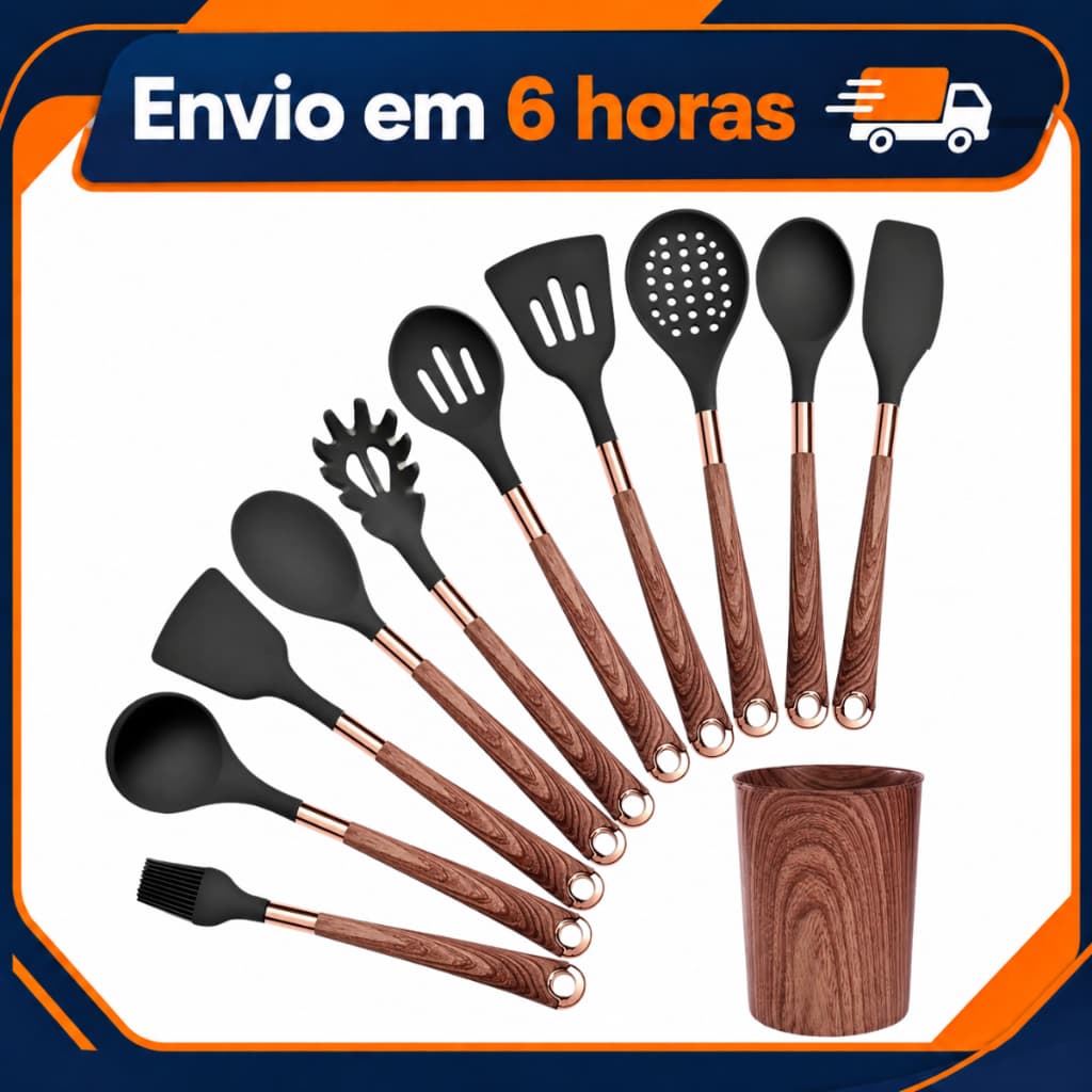 Kit Utensílios Cozinha Silicone 11 Peças Cabo Madeira Não Risca Panela Jogo Completo Com Suporte