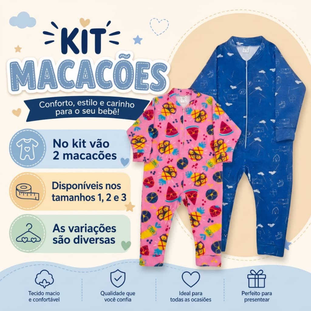 Kit 2 Macacões Bebê Unissex Soft Algodão Com Zíper Manga Longa
