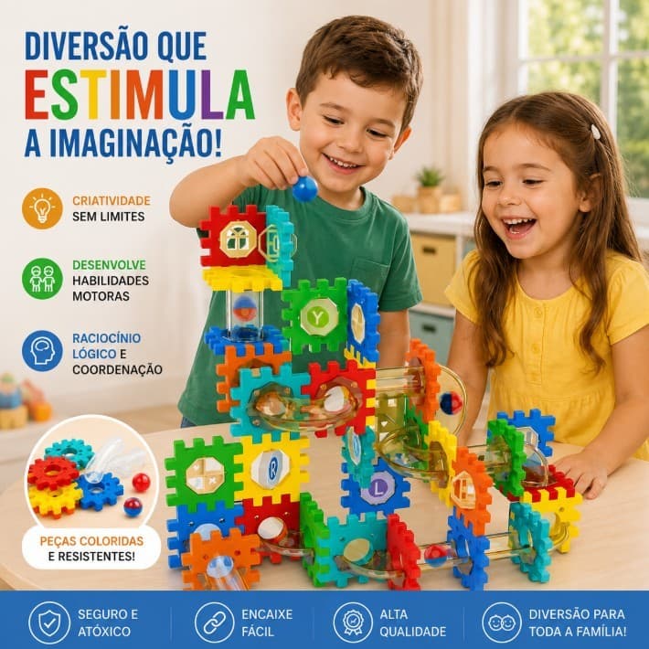 Labirinto Colorido Blocos Montar 98 Peças Brinquedo Educativo Pista de Bolinhas para Crianças