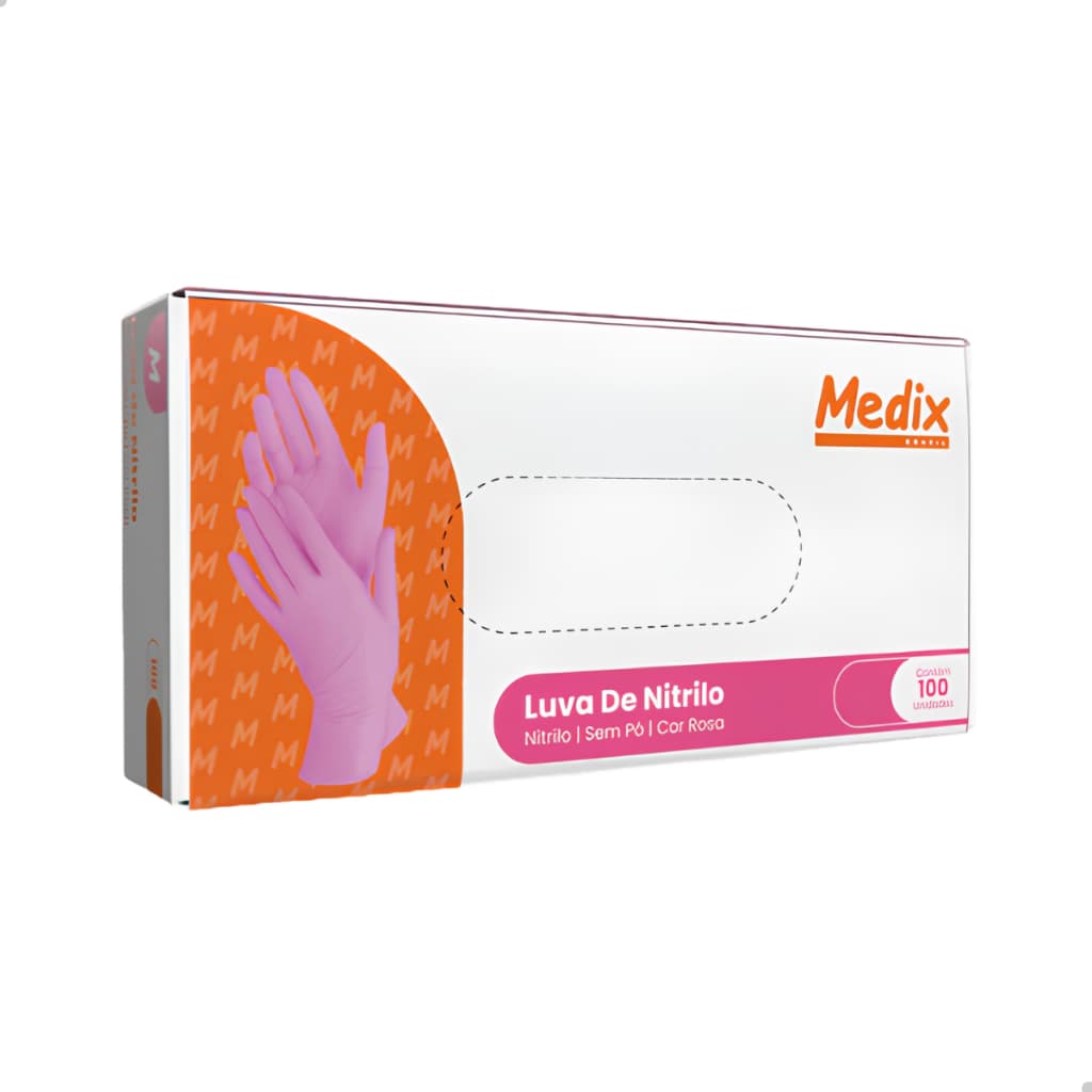 Luva de Nitrilo Rosa Sem Pó Medix Caixa 100un Descartável Procedimento Manicure Profissional