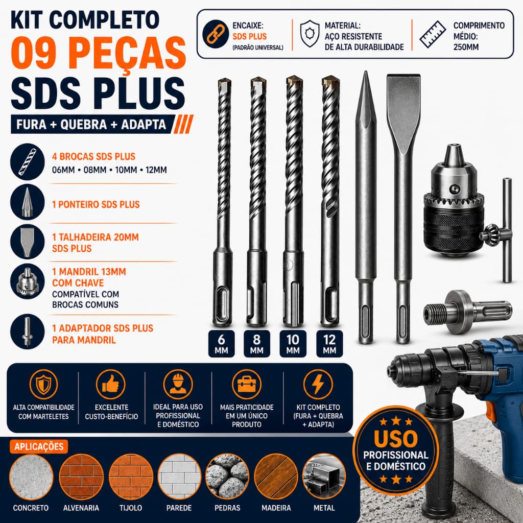 Kit SDS Plus Completo Martelete Brocas Ponteiro Talhadeira Mandril Adaptador Concreto Profissional