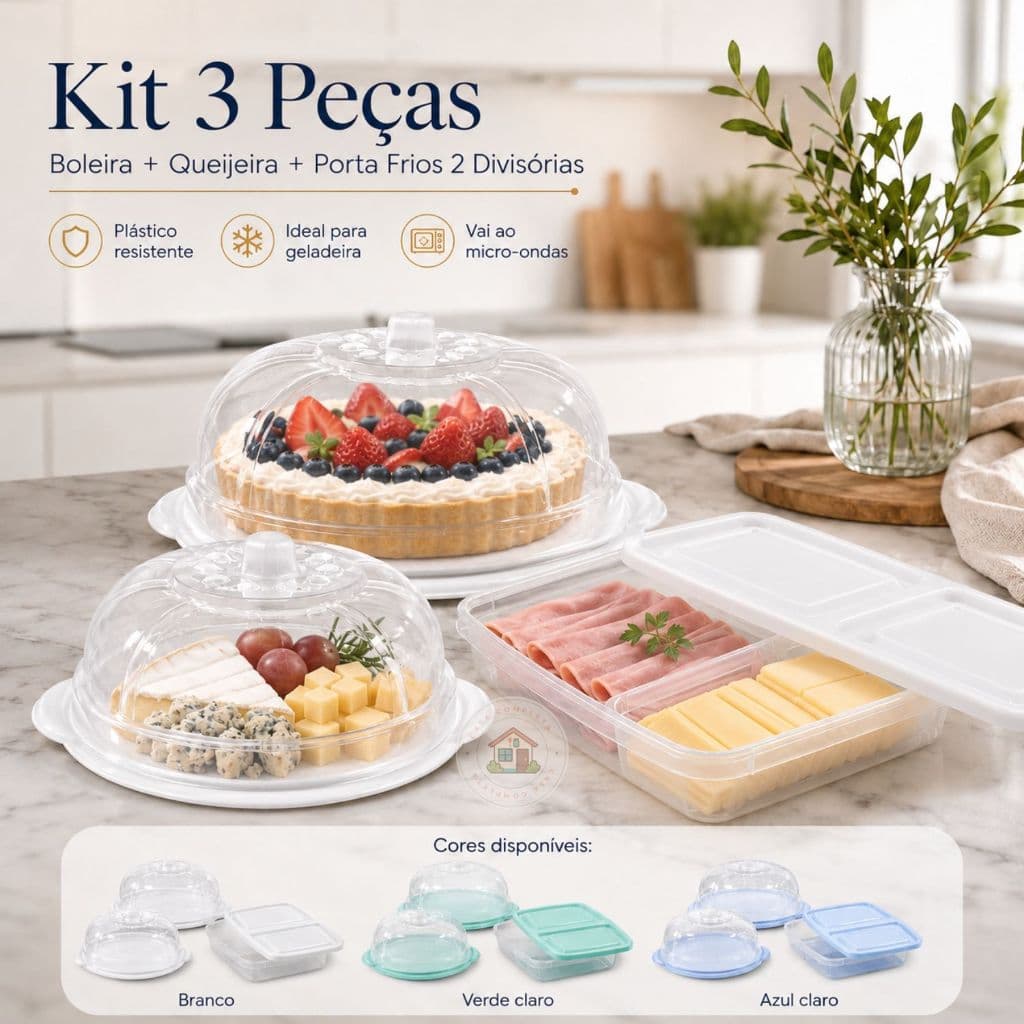Kit 3 Peças Boleira, Queijeira e Porta Frios 2 Divisórias, Plástico Resistente, Ideal para Cozinha