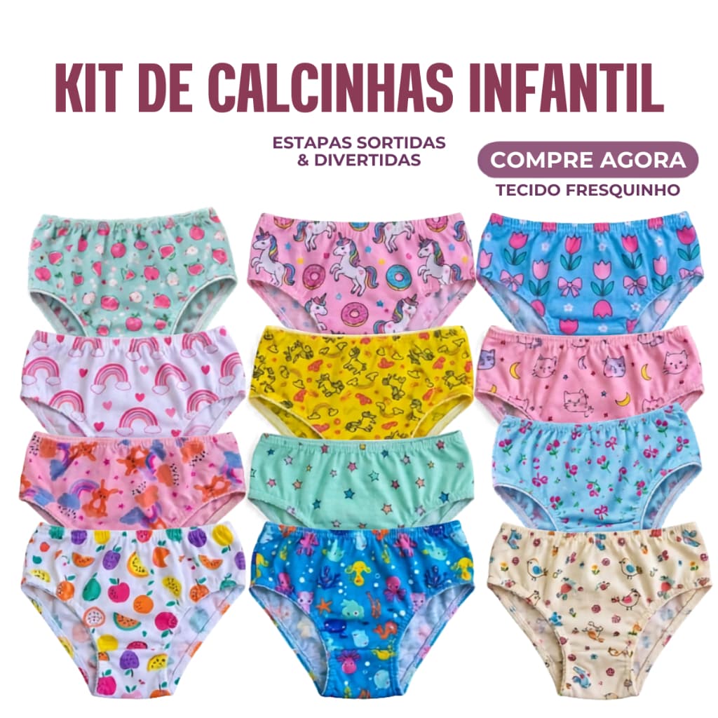 Calcinha Infantil Menina criança Estampada com forro Kit 10 Calsinhas Malha Macia Confortáveis
