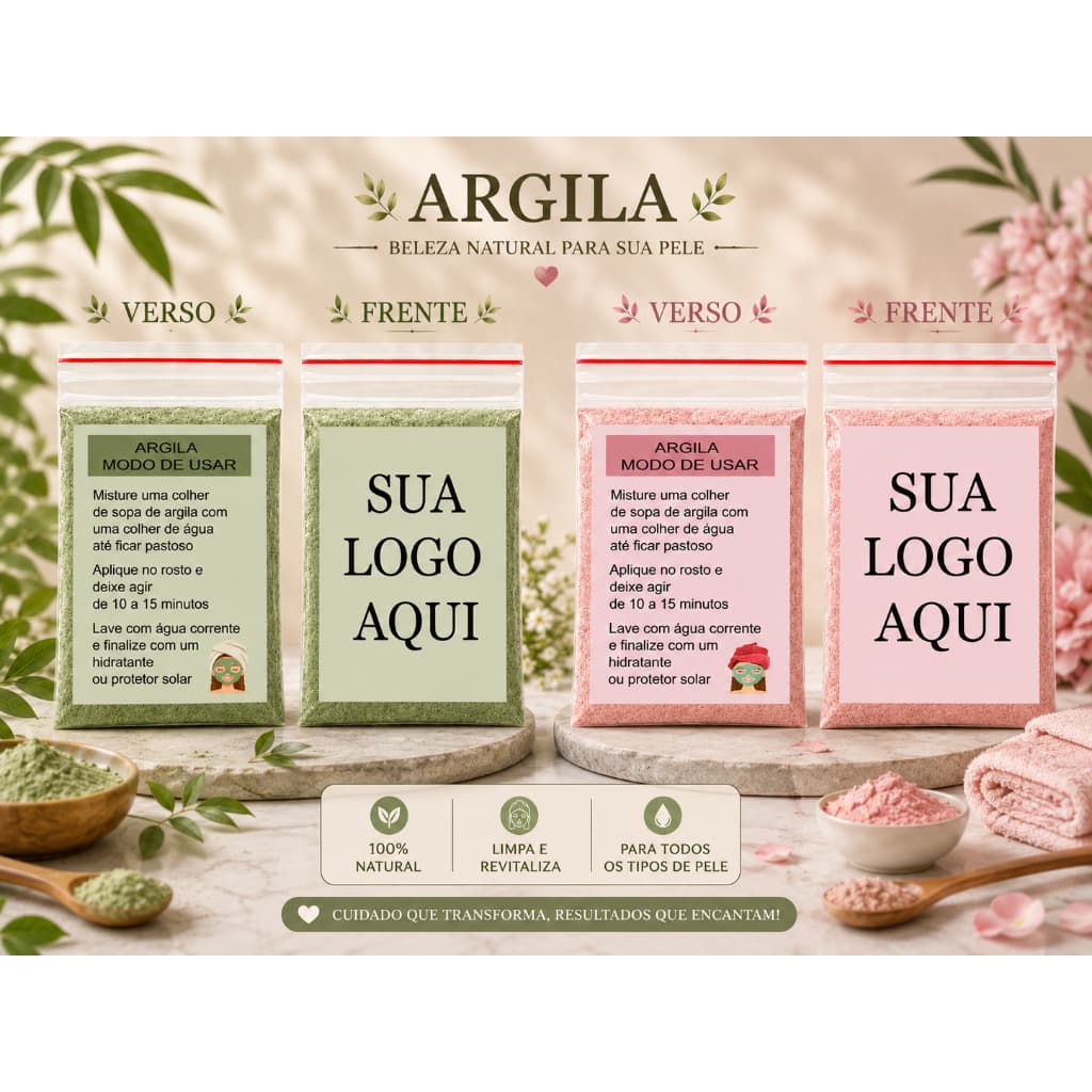 Saquinhos Argila Mimos Agrado Cliente Argila Rosa Verde Frente e Verso  sua marca personaliza logo