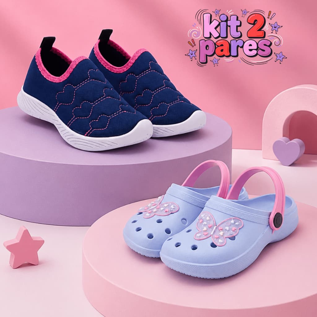 Kit Tênis Calce Fácil Infantil Feminino + Sandália Babuche Menina Leve