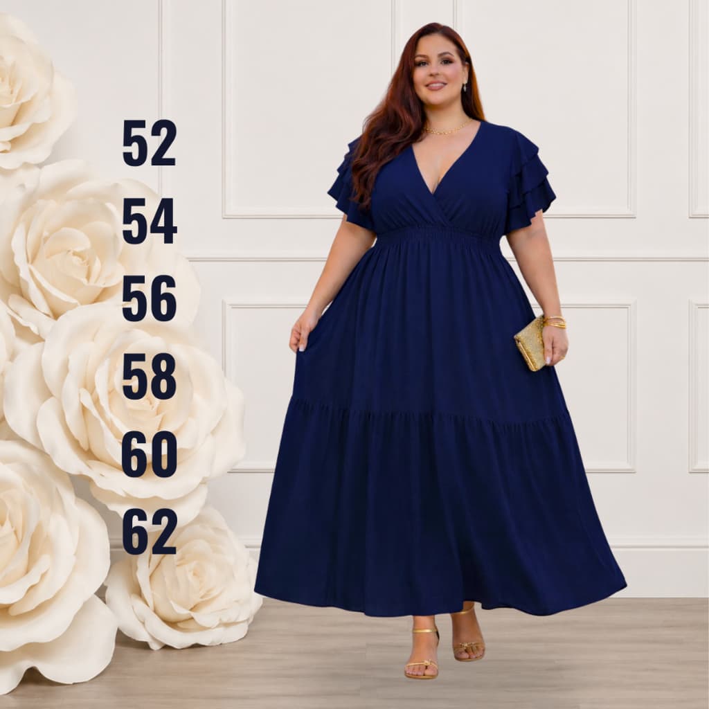 Vestido Longo Plus Size Festa Moda Evangélica Virtuosa Soltinho Decote V Com Babados Linha Premium