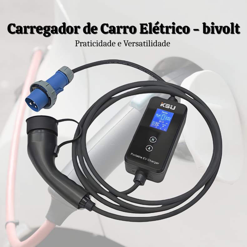 Carregador Portátil Carro Elétrico Bivolt Ajustável 16A com Display Digital.