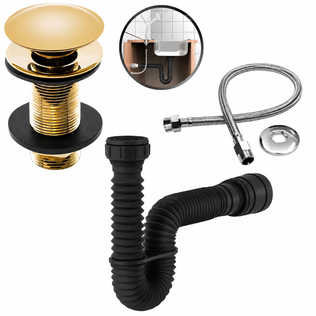 Conjunto De Banheiro, Valvula Click Inox Cor Dourada + Engate Inox 40 Cm + Sifao Universal 70 Cm