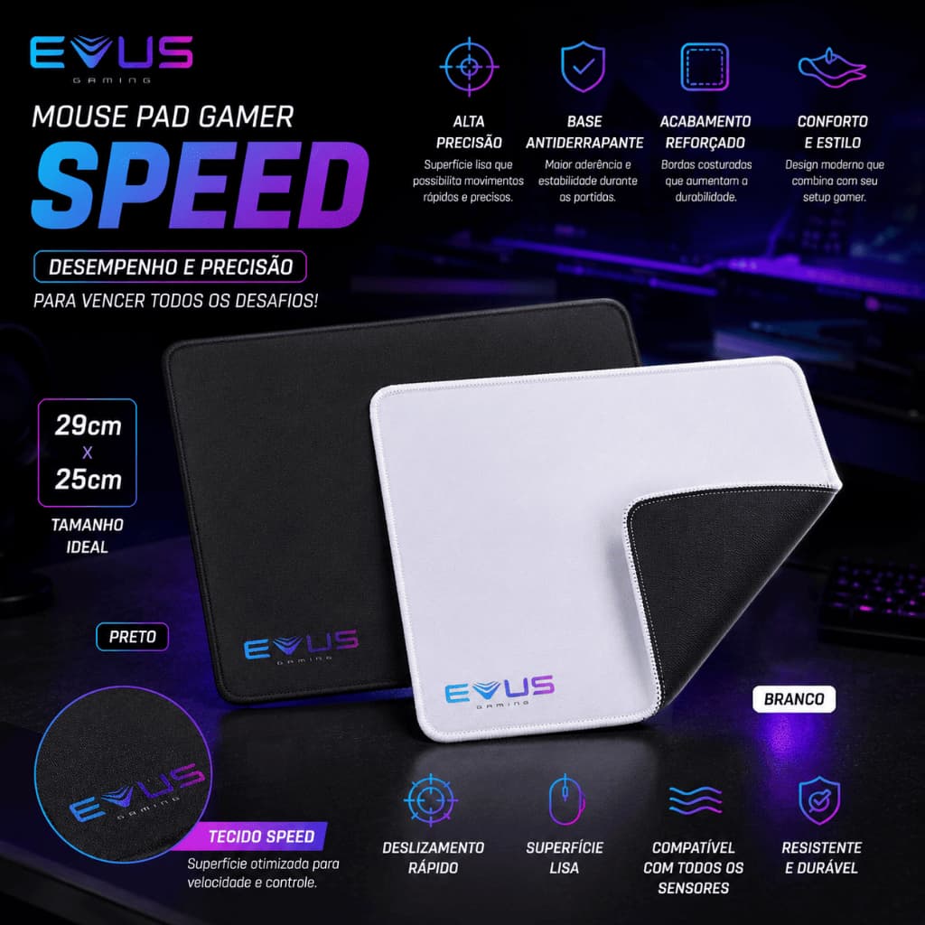 Mouse Pad Gamer Speed Base Emborrachada Bordas Costurada PP 290x250mm Branco ou Preto - Evus MP-290