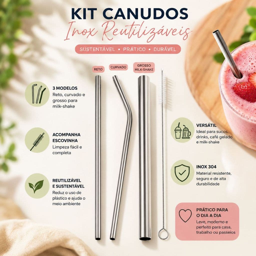 Kit 3 Canudos em Inox Reto Curvo Milkshake Reutilizavel Ecologico com Escovinha para Limpeza
