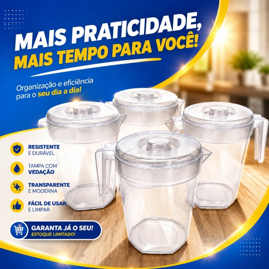 Kit Jarras 4 Litros Tampa Transparente Escolas Plastico Creche Alça Bebidas Festas Sucos Ressistente