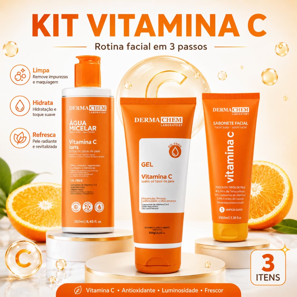 Kit Rotina Facial Vitamina C Dermachem Água Micelar 250ml + Gel Facial 100g + Sabonete 100ml