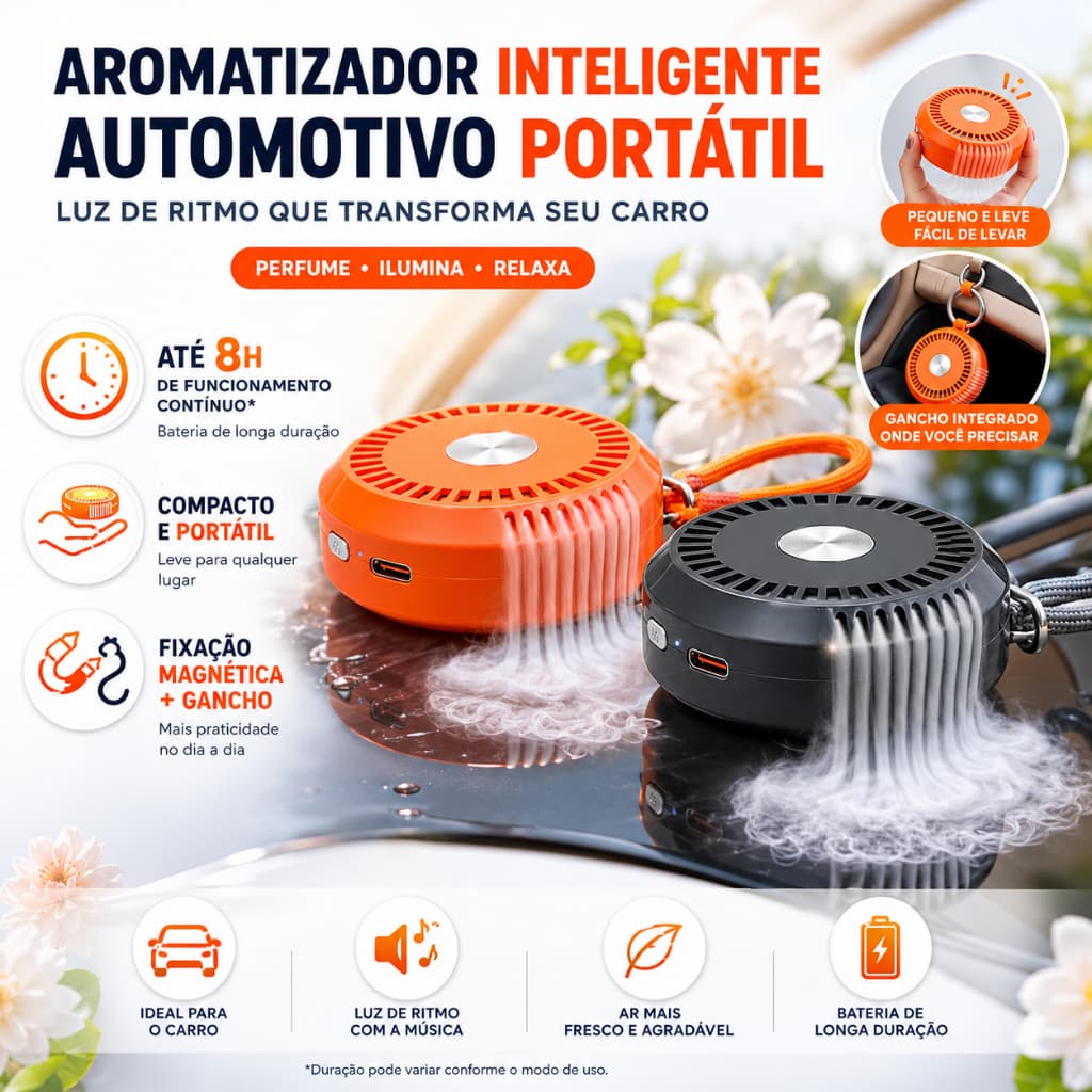 Perfume Carro Automático 2026, Spray Aromatizante Cítrico Laranja, Luz Rítmica Magnético Difusor de Perfume
