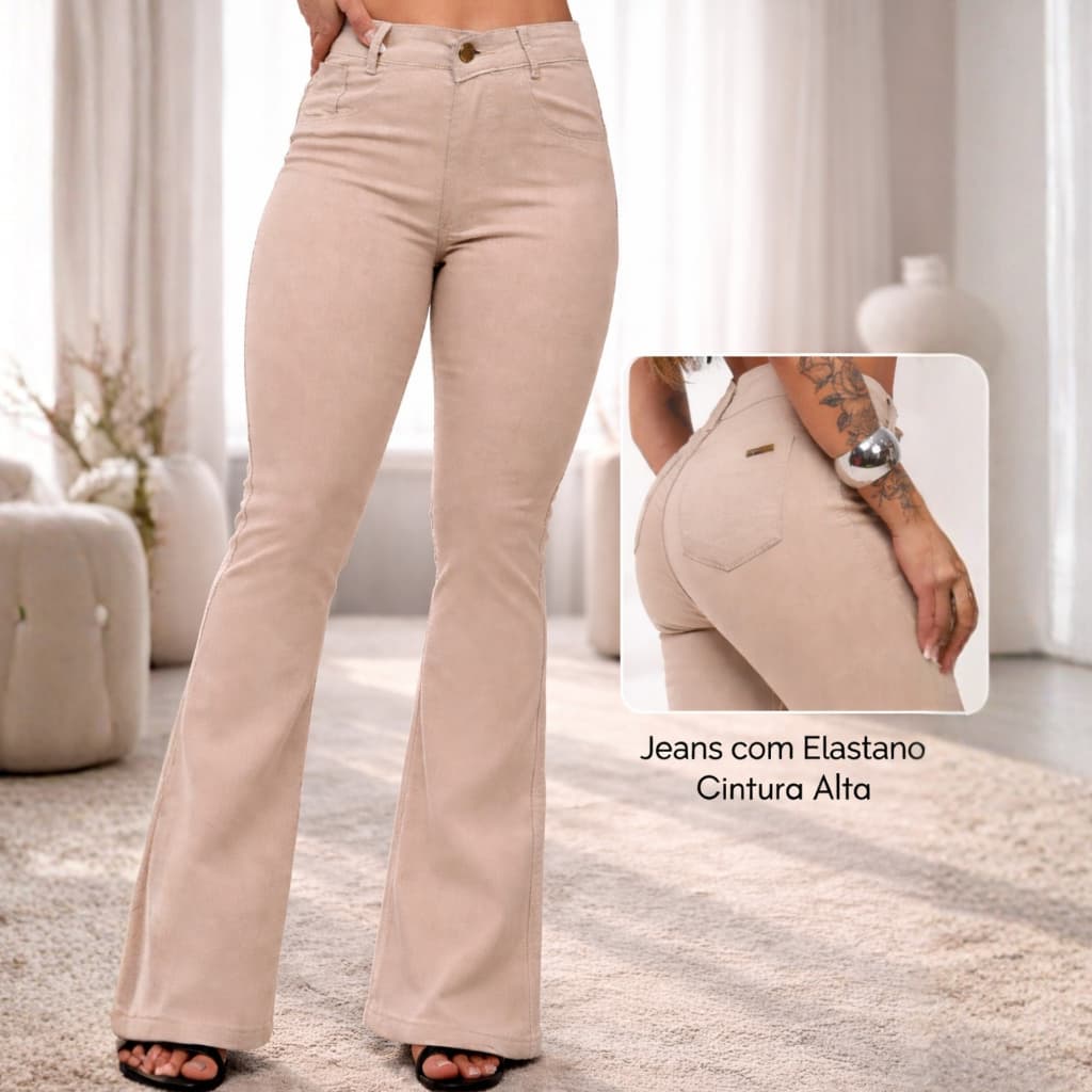 Calça Flare Feminina Jeans Cintura Alta Com Lycra