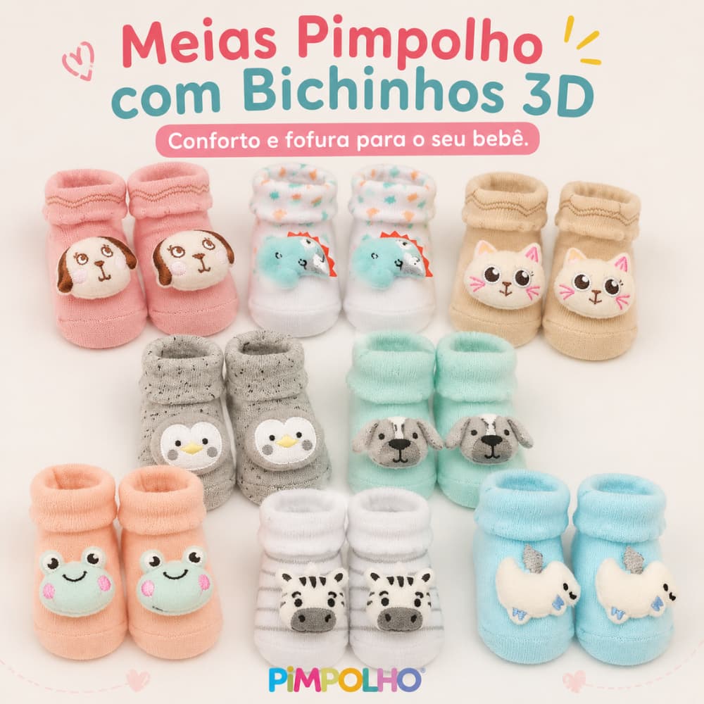 Meia Bebe Menino Menina Pimpolho 3D Bichinhos 0 ao 15 Algodão Macia Confortável Infantil Antialérgica