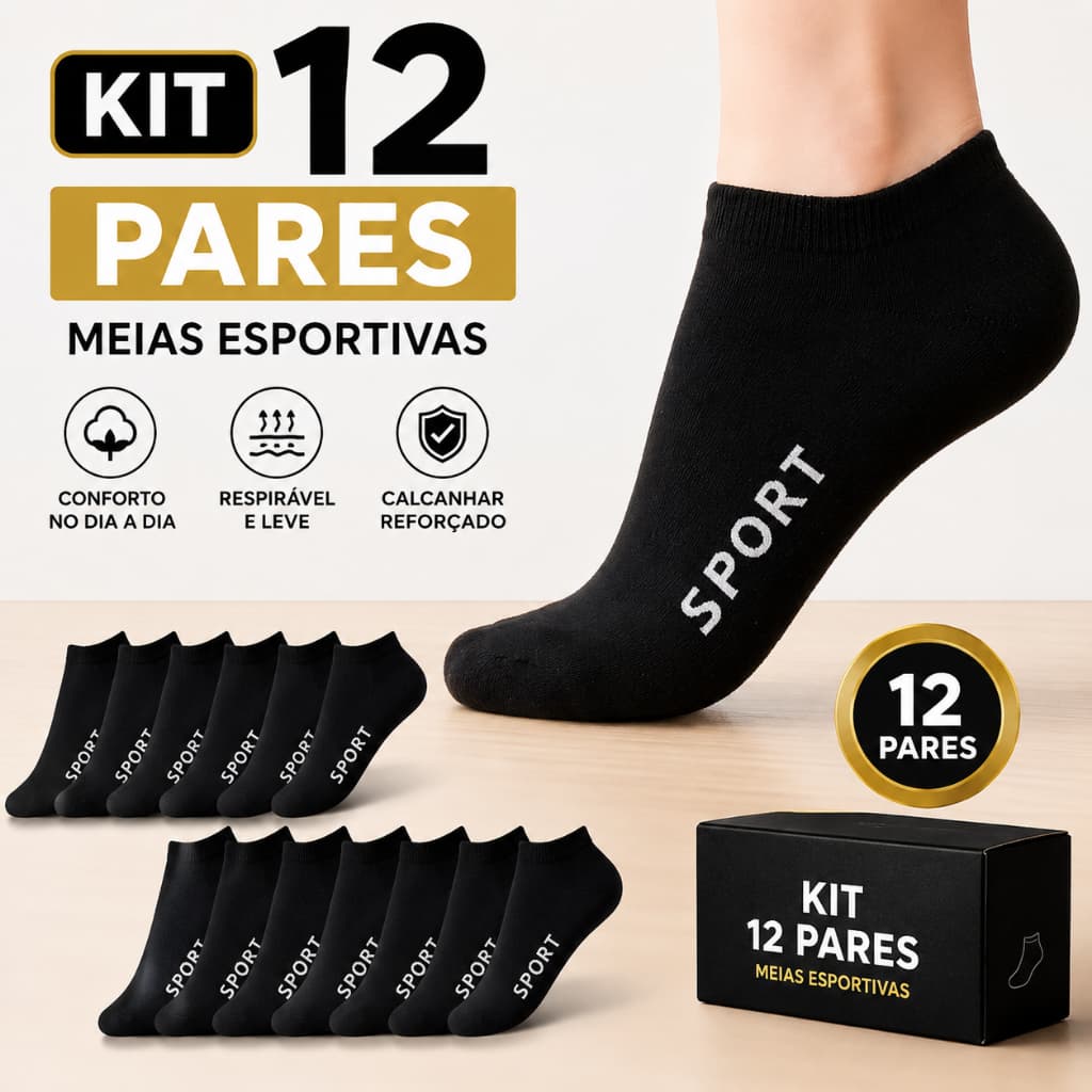 Kit com até 12 pares de meia soquete na cor preta com numeração do 39 a 46