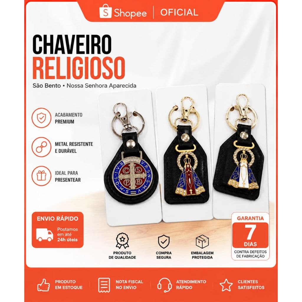 Chaveiro Religioso São Bento e Nossa Senhora Aparecida em Metal com Couro Sintético