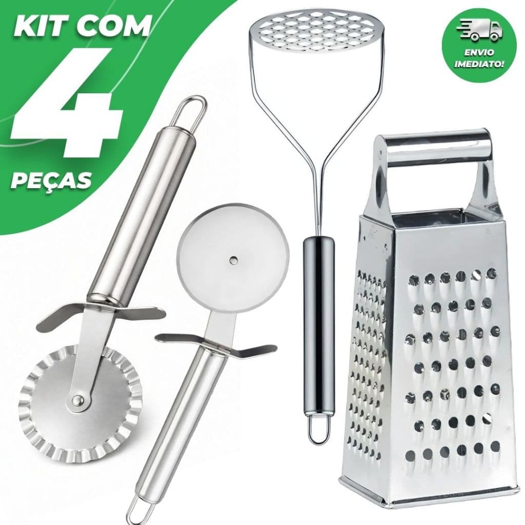 Jogo de Utensílios Inox 4 Peças - Amassador de Batata Purê + Ralador Multiuso + Cortador Pizza e Pastel