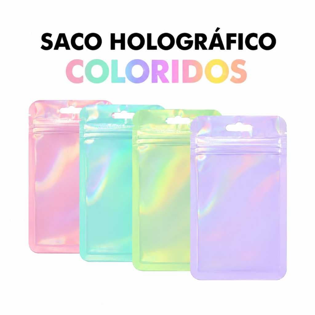 50 UNIDADES Saco Zip Lock Holográfico Colorido Metalizado Embalagem para Joias Brindes e Presentes