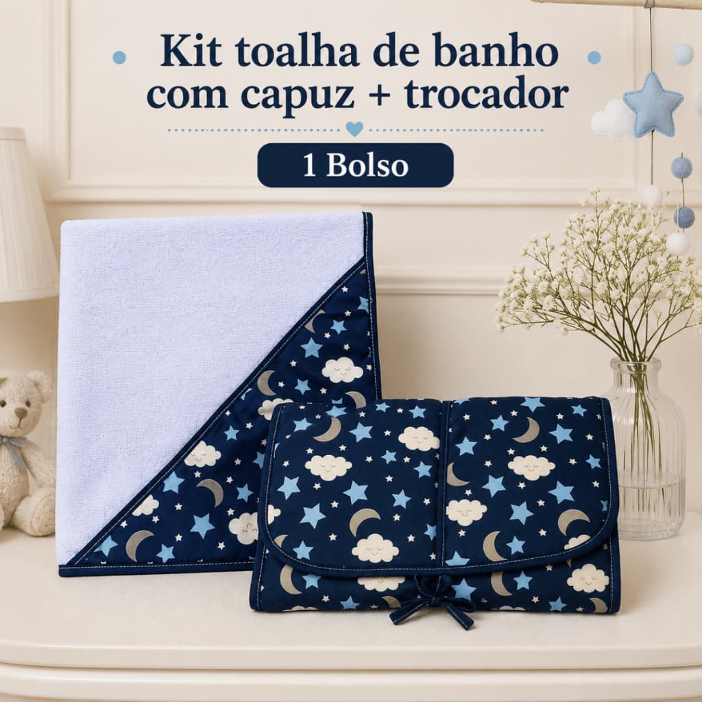 Kit toalha com capuz antialérgica + trocador impermeável para bebê | portátil | 1 bolso