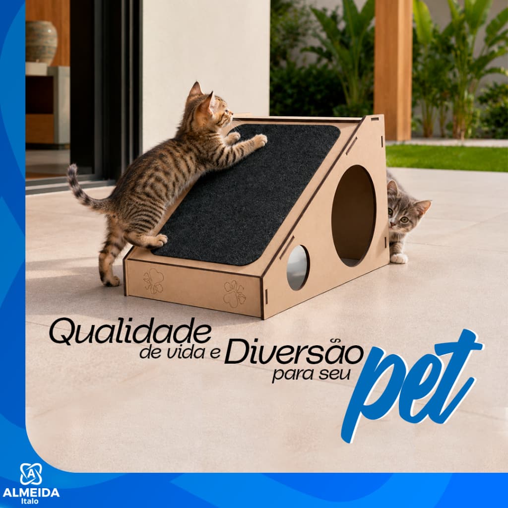Arranhador Rampa Gatos Madeira MDF 4mm carpete Toca Antiestresse Protetor Moveis Afiar