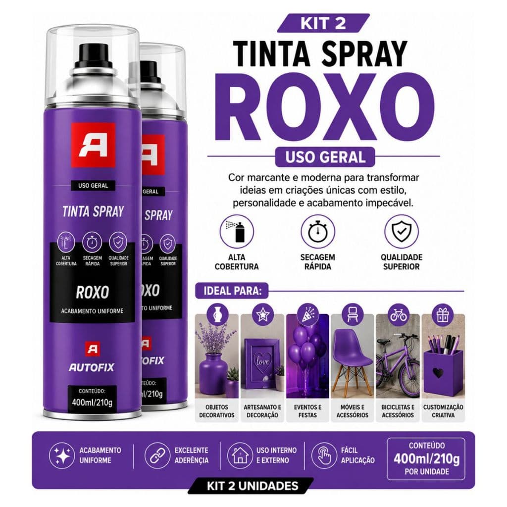 Kit 2 Tinta Spray Uso Geral Roxo Artesanato Decoração Diy Automotivo