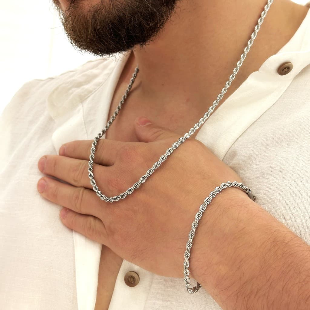 Kit Colar e Pulseira masculino aço inoxidável Dourado e Prata Cordão Baiano corrente presente namorado marido