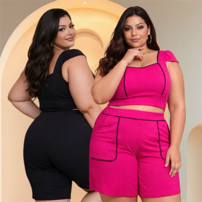 Conjunto Plus Size Feminino Short+Cropped Meia Manga em Malha Tam único 46 ao 50