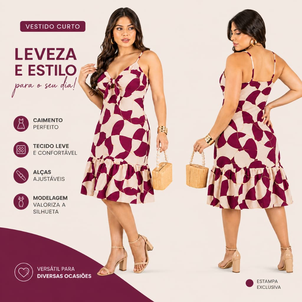 Vestido Curto Feminino Crepe Estampado Alça Fina Laço Verão Moda Feminina Elegante