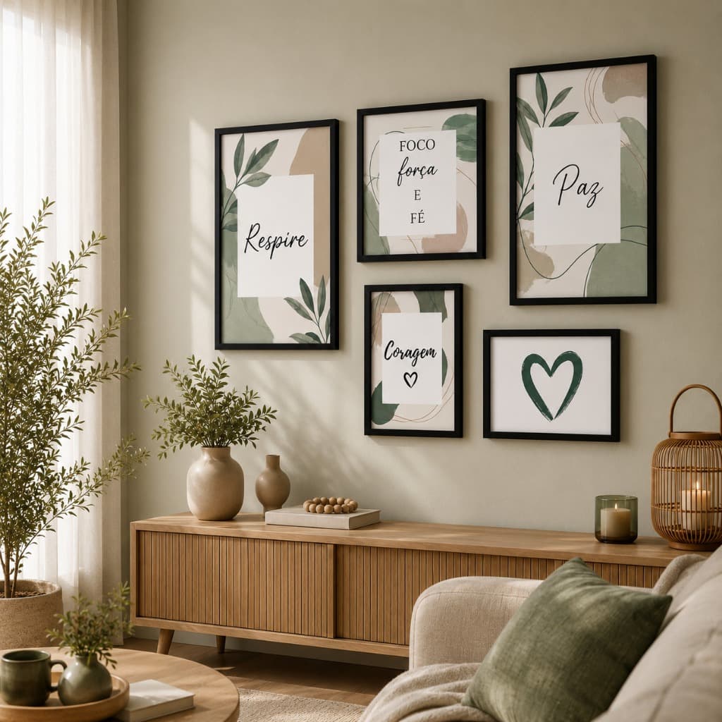 Kit Quadros Motivacionais 5 Peças Foco, Força e Fé, Respire, Paz Estilo Minimalista com Folhagens Decoração Moderna
