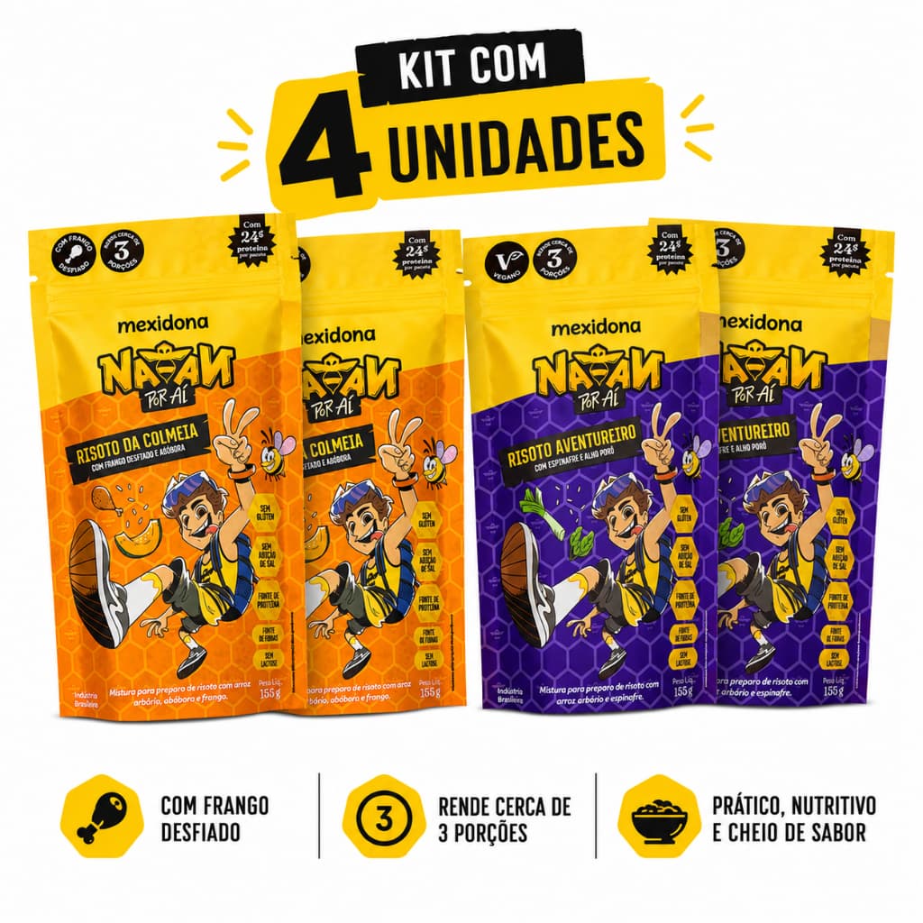 Kit 4 Risotos Mexidona Natan Por Aí 2 Sabores Proteicos Risoto Aventureiro e Colmeia