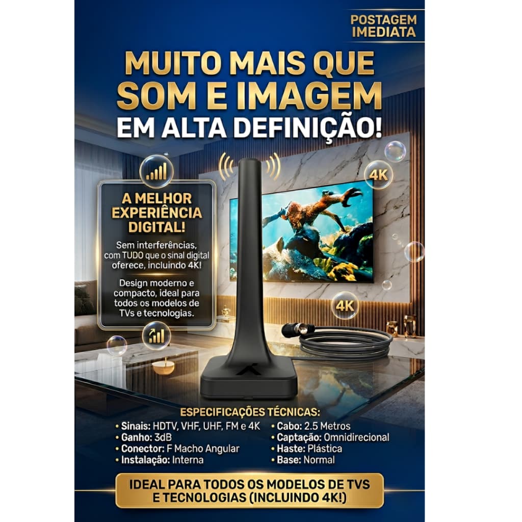 Antena De TV Digital Interna UHF HDTV Imagem Alta Definição Cabo 2,5m DTV200
