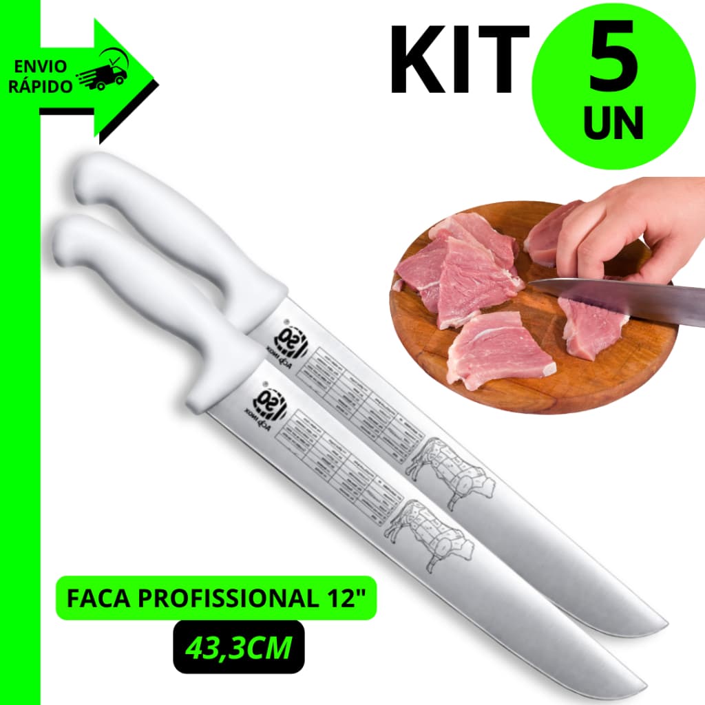 Kit 5/4/3/2 Unidades Faca de Carne 12" Inox Premium Cabo Ergonômico Para Cozinha e Churrasco