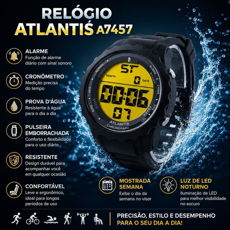 Relógio  Digital Masculino Atlantis A7457 Prova D'água