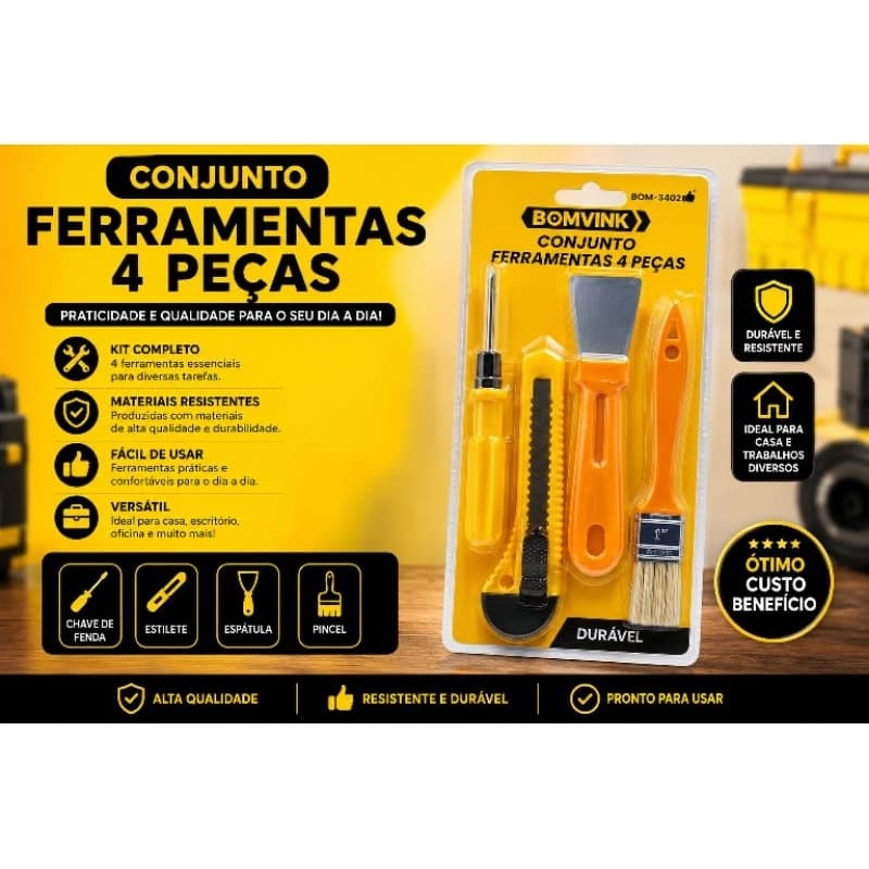 Kit Ferramentas 4 Peças Estilete Espátula Pincel Chave de Fenda