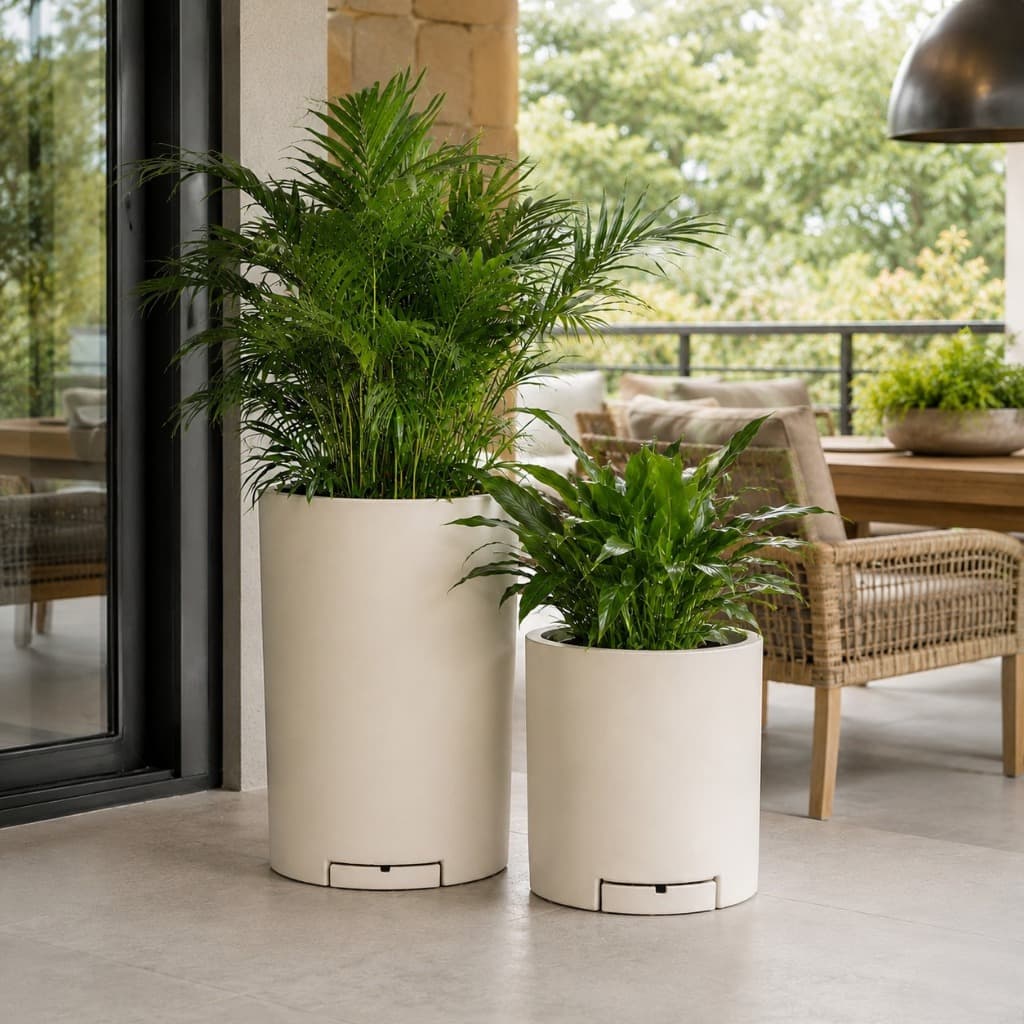 Kit Jogo 2 Vasos de Plantas Premium Luxo Moderno Cilindro com Prato Sala Escritório Liso Fosco