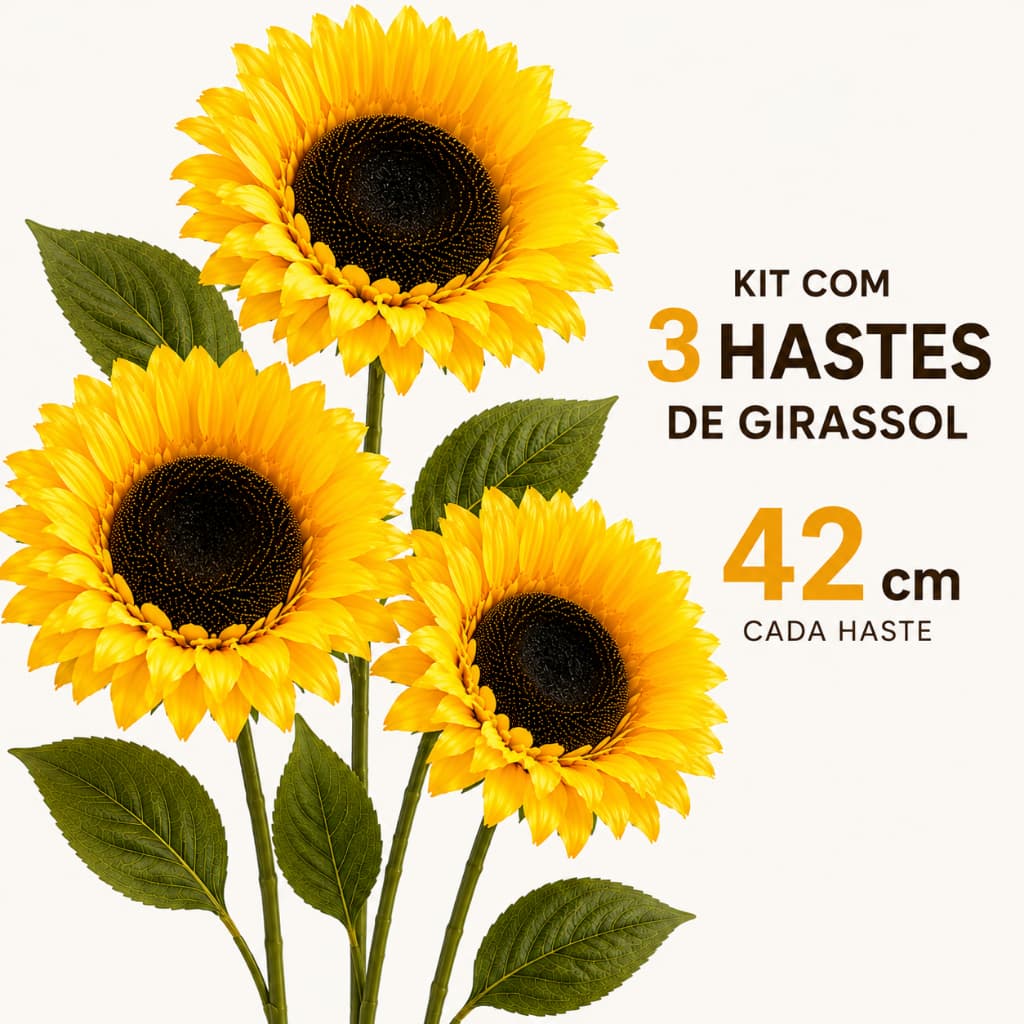Kit 3 Girassol Artificial Haste Longa Flor Decorativa Arranjo Festa Vaso