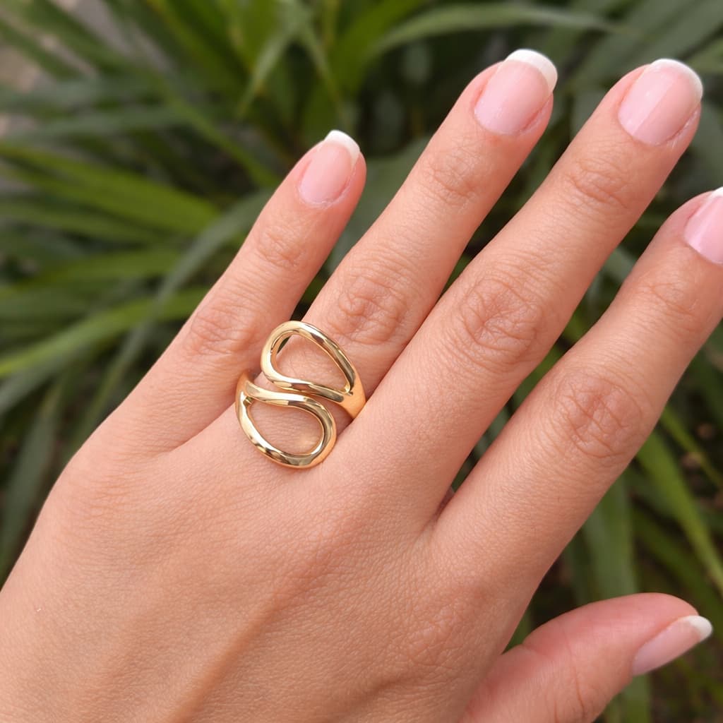 Anel Feminino Regulável Gota Dupla Orgânico Elegante Banhado a Ouro 18K