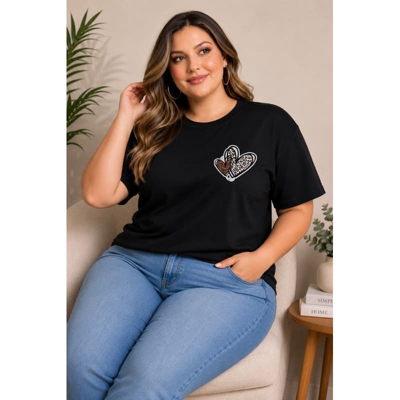 Camiseta Feminina Plus Size Preta Estampa Coração Animal Print Manga Curta Casual Confortável ❤️🐆🖤✨