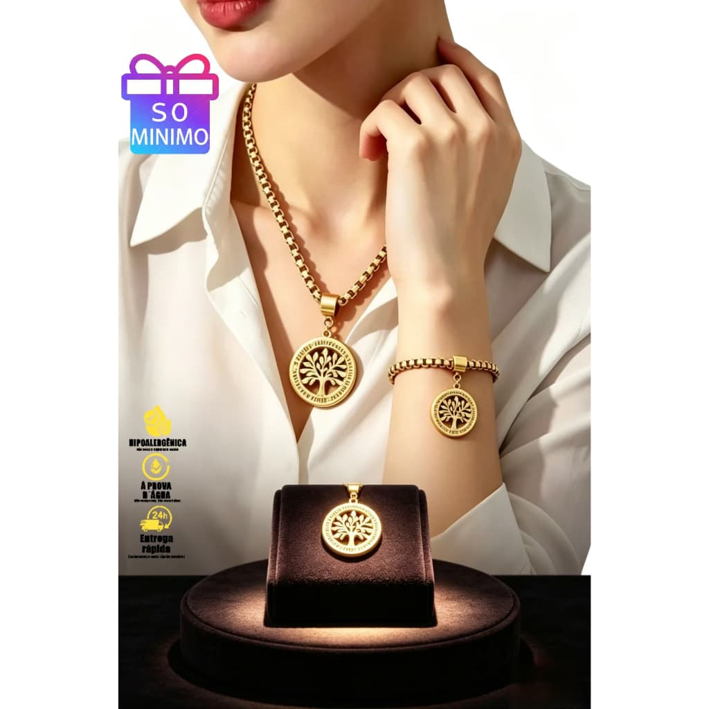 Conjunto Feminino Premium de Colar e Pulseira Dourados – Aço Inox Resistente e Durável