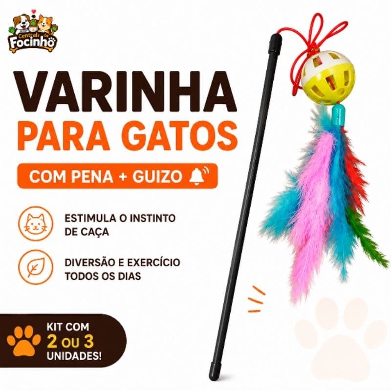 1 unidade ou Kit 2 ou 3 Varinha para Gatos com Pena + Guizo