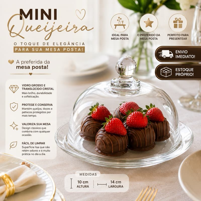 Mini Queijeira Porta Queijo Doces 14x10 Vidro com Tampa Clear Vidro Resitente Produto Original