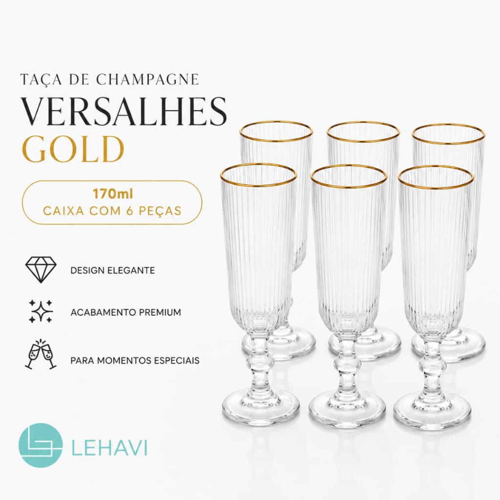 Taças Champagne Versalhes Gold 170ml Taça Vidro Com Borda Dourada Elegante LeHavi