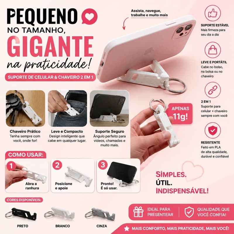 Suporte para Celular Dobrável Chaveiro 2 em 1 Portátil Compacto Universal