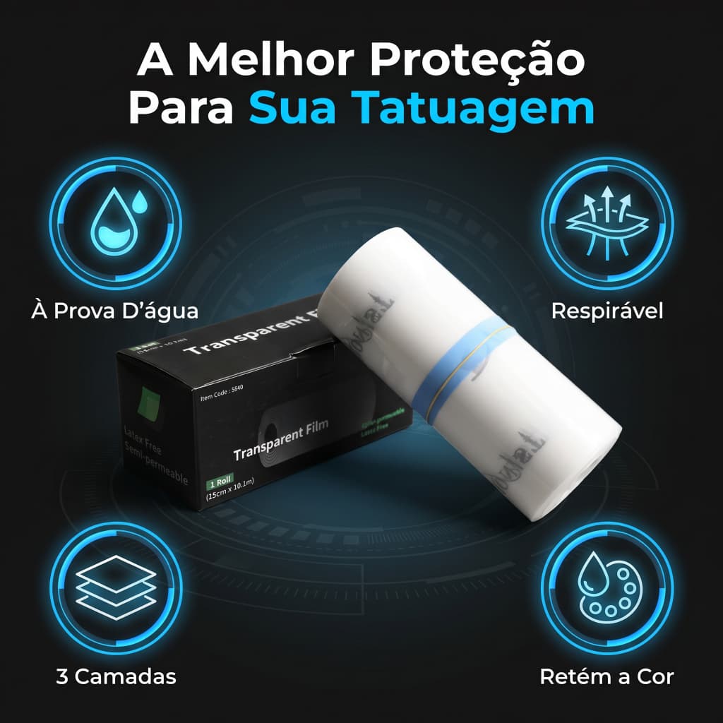Película Protetora Tatuagem 15x1010cm PU Transparente | À Prova D'Água | Secagem Rápida | Hipoalergênico