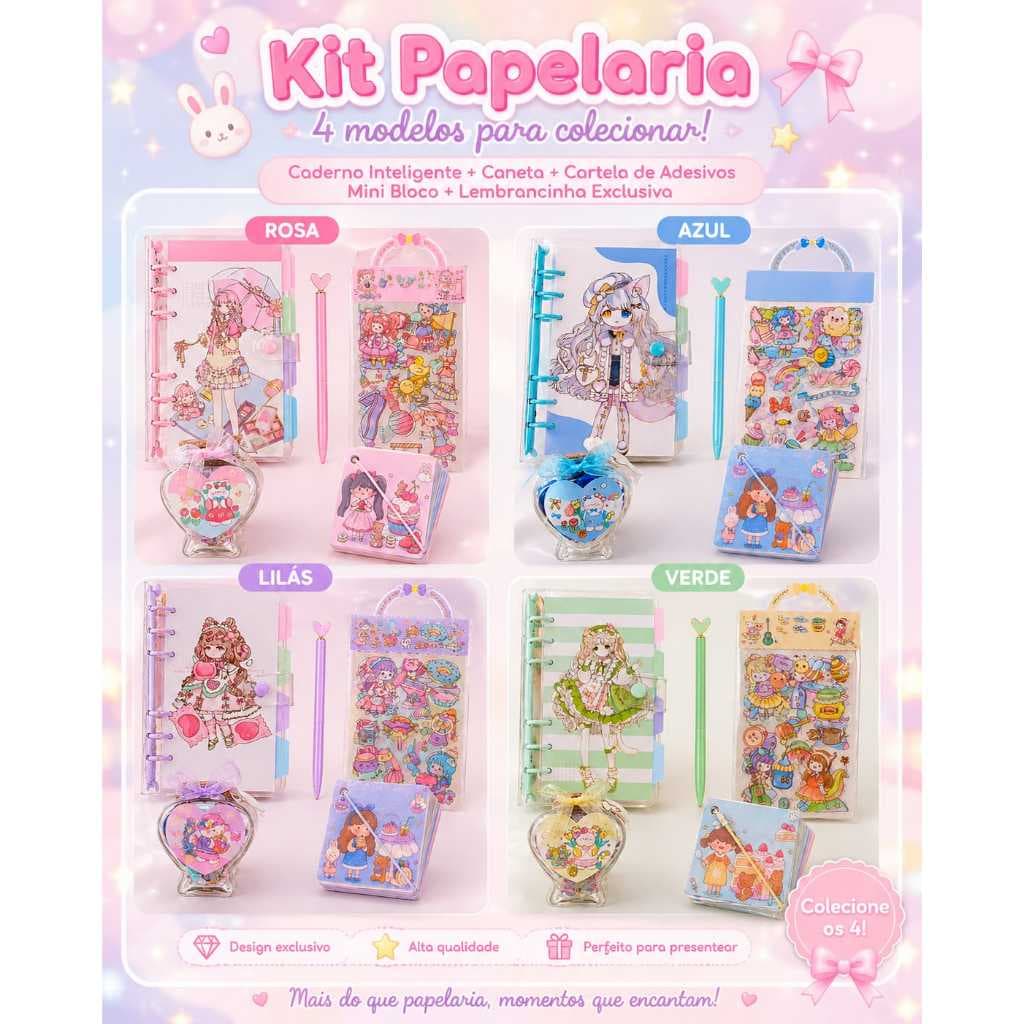 Kit Papelaria Completo Kawaii 18 Itens Caderno Inteligente Caneta Adesivos Planner Presente Menina