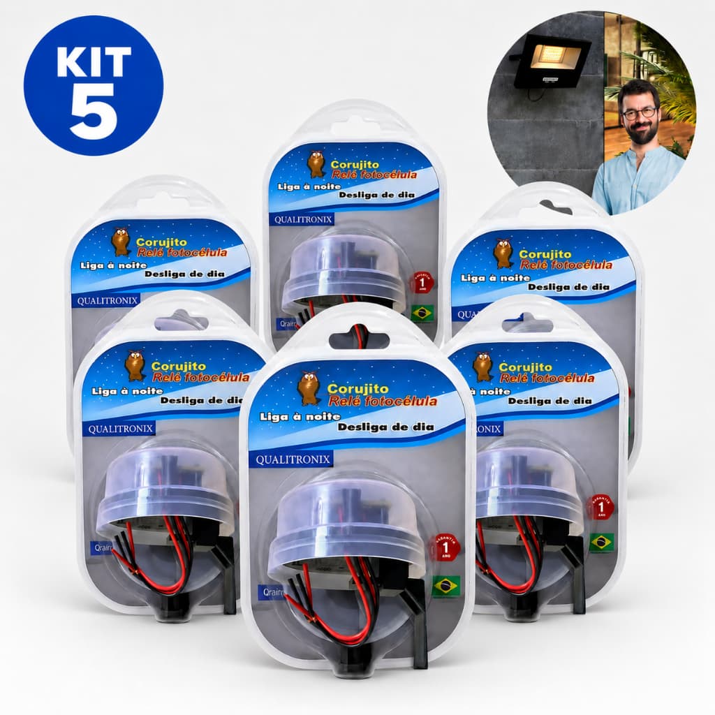 KIT 5 Relé Fotocélula Corujito Fácil Bivolt automático Noturno Com Suporte/Base Qualitronix QR51