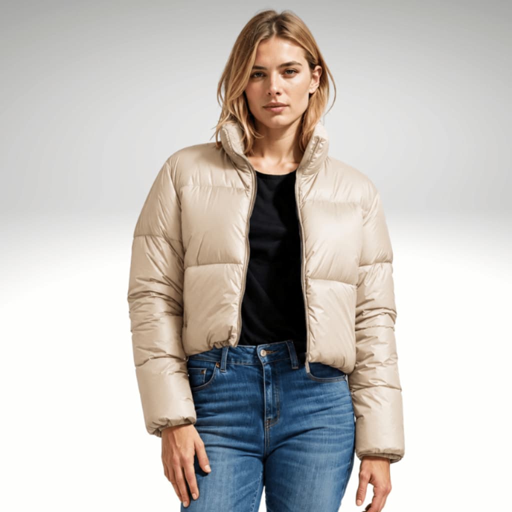 Jaqueta Puffer Feminina Forrada, Gola Alta C/ Bolsos S/Capuz, Quentinha Com Ziper